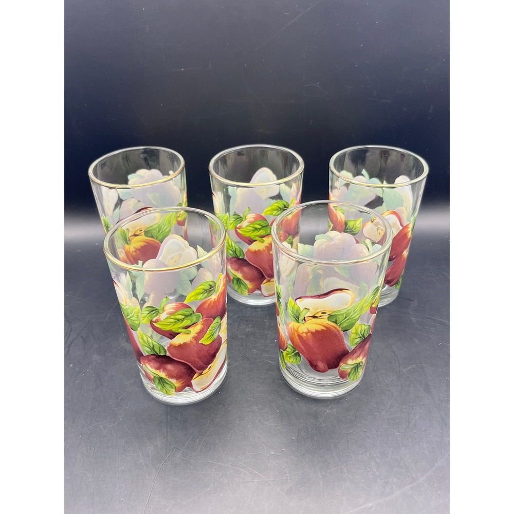 Vintage KIG Glassware Set of‎ 5 Apple Juice Glasses Fruit Design Gold Rim 8 oz
